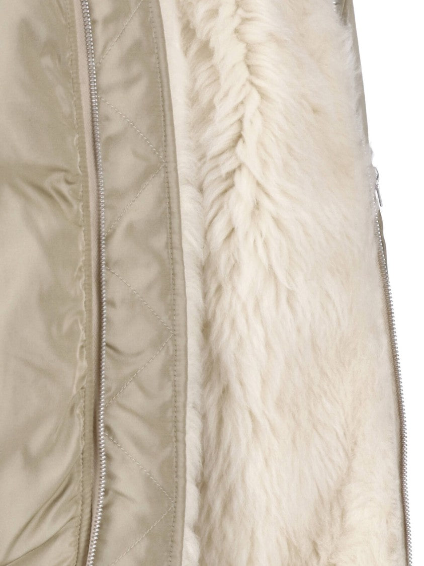 Auralee Green Silk Twill Shearling Bomber Jacket
