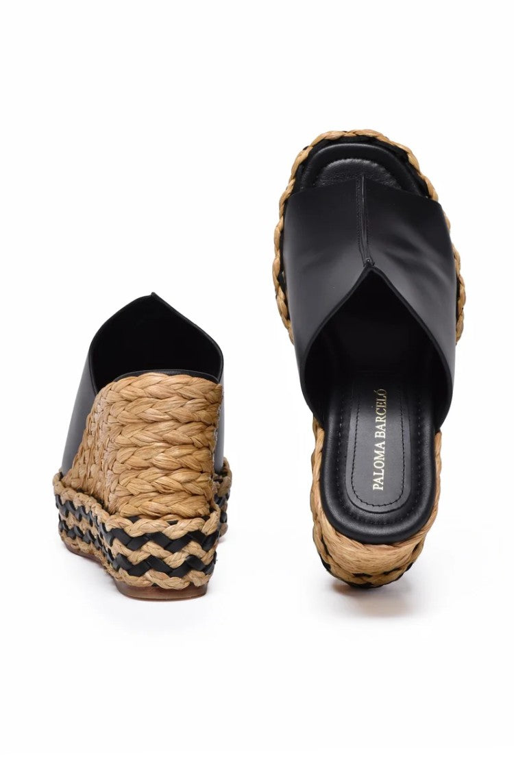 Paloma Barceló Raffia Wedge Mules - Black