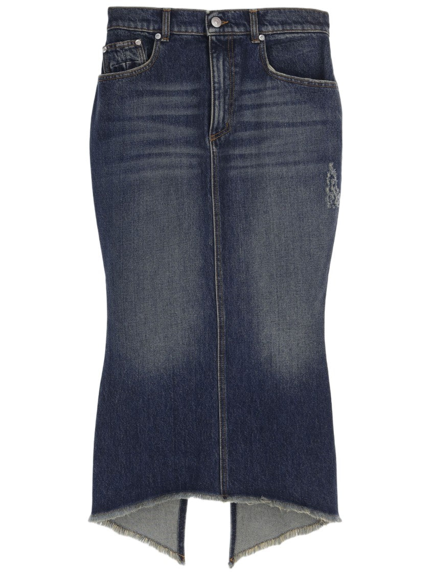Matieres Fecales Dark Washed Cotton Denim Midi Skirt With Fitted Silhouette