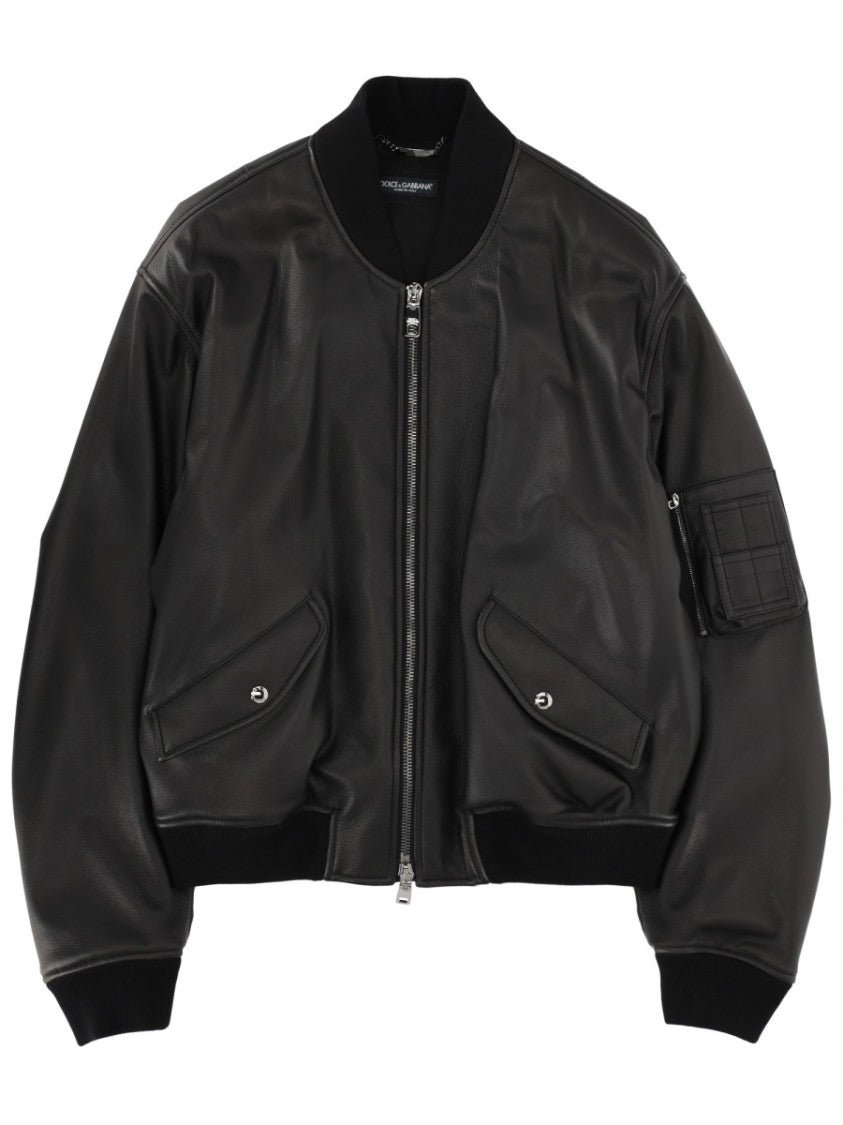 Dolce & Gabbana Smooth Leather Ribbed Cuffs Jacket