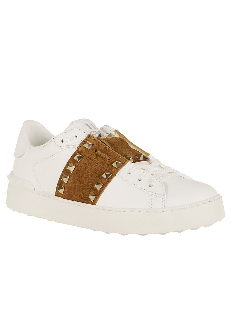 Valentino Garavani White Rockstud Untitled Leather-Suede Sneakers