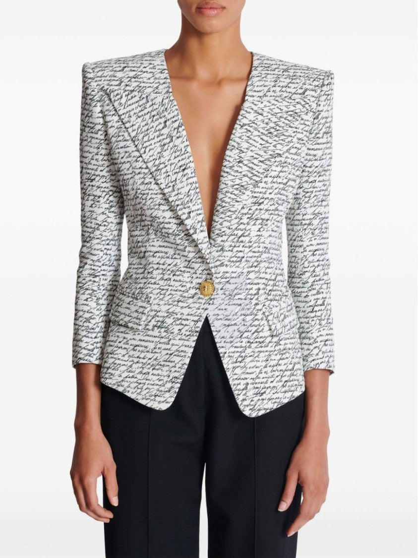 Balmain White Script Print Tailored Jacket