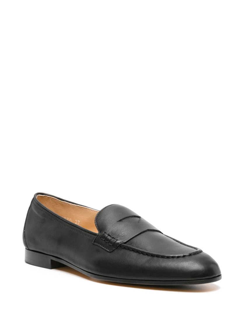 Doucal's Polished Black Leather Moccasin Loafers With Classic Penny Strap
