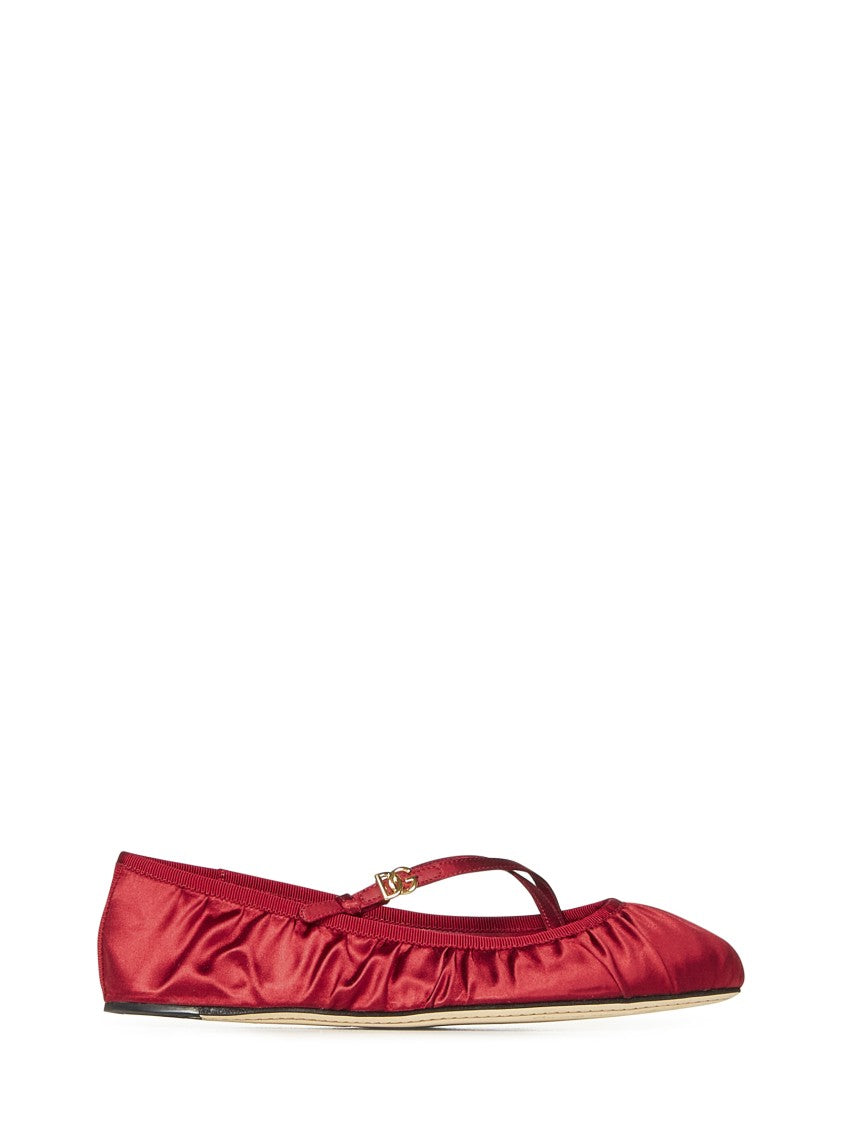 Dolce & Gabbana Ruby Red Satin Ballerinas With Gold Logo