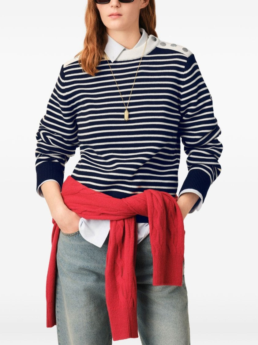 Ami Paris Navy And White Striped Sweater With Contrasting Cream Panel