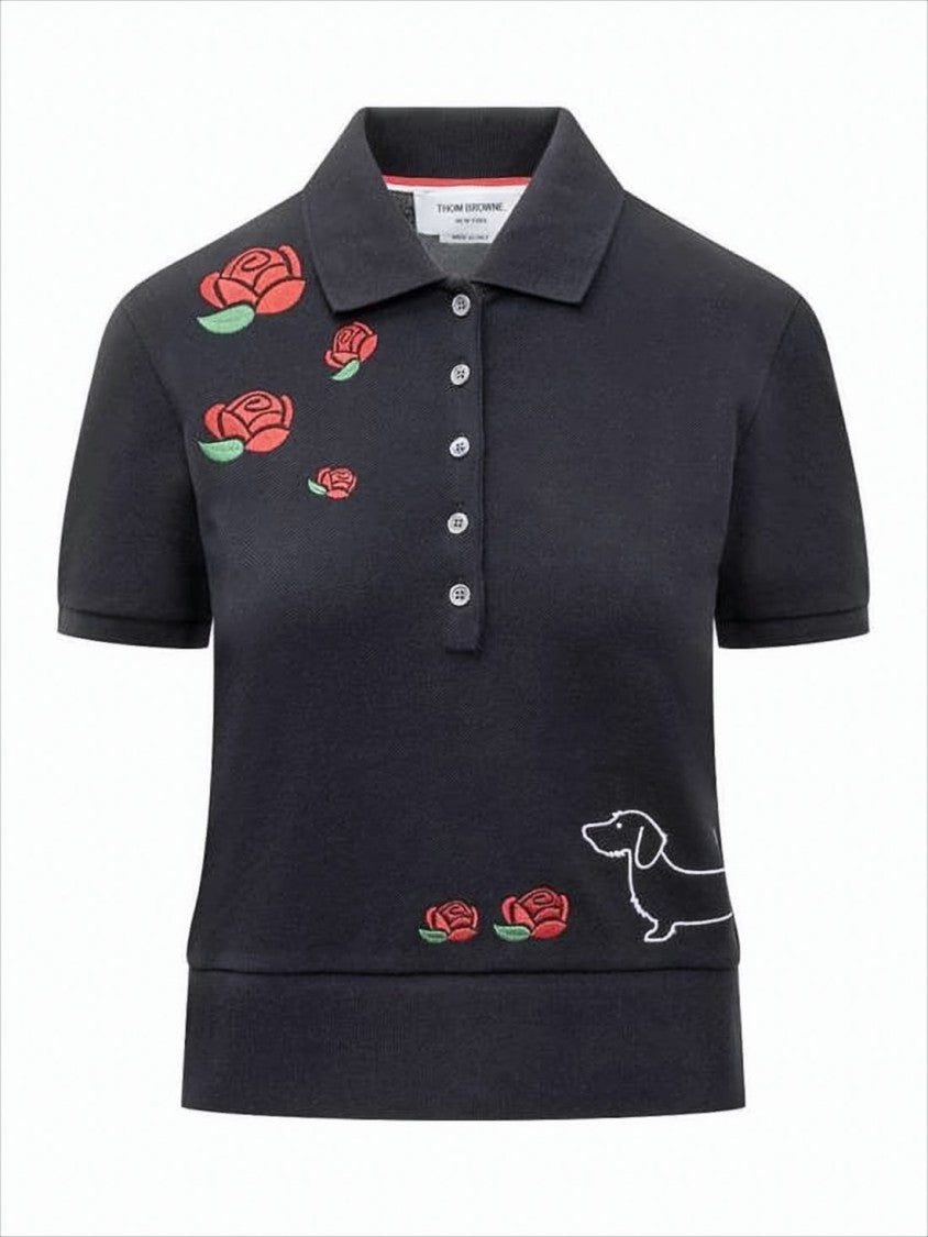 Thom Browne Cropped Black Polo Shirt With Classic Collar And Floral Embroidery