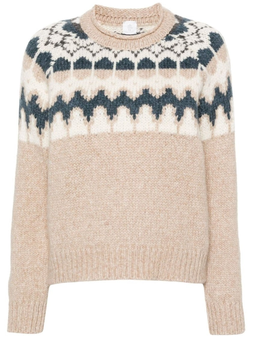 Eleventy Beige Knit Sweater With Contrasting Yoke And Ribbed Details
