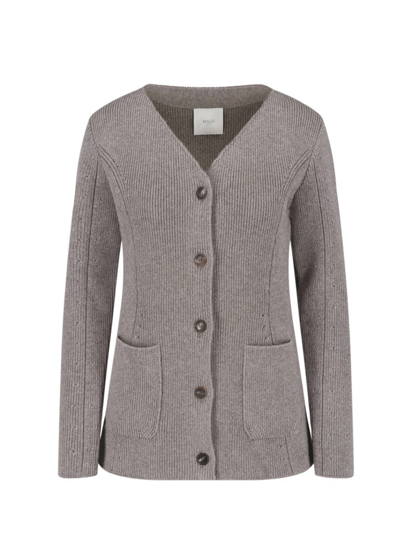 Malo Taupe V-Neck Patch-Pocket Cashmere Cardigan