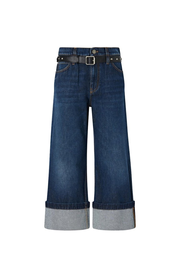 Pinko Blue Cotton Belted Wide-Leg Jeans