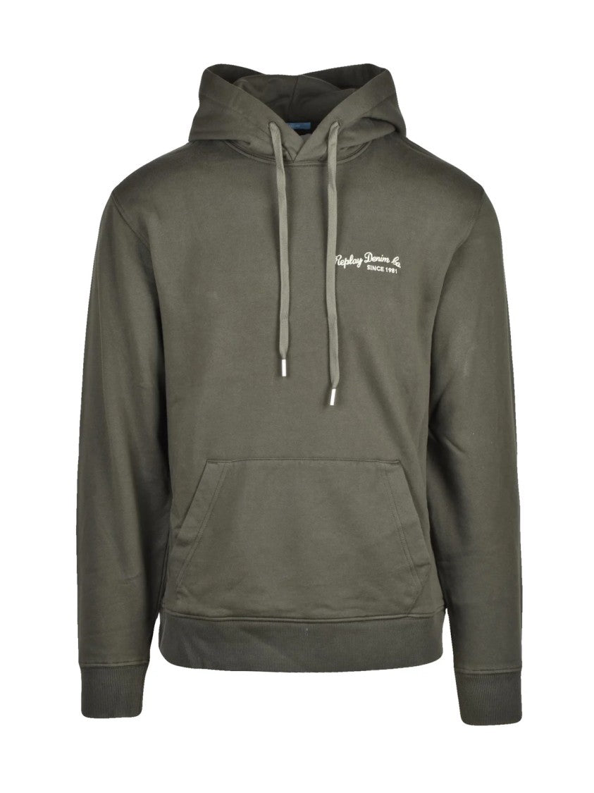 Replay Military Green Drawstring Kangaroo Pocket Cotton Hoodie