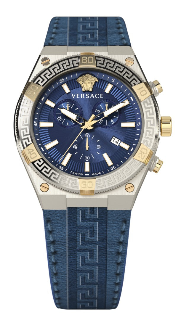 Versace Sporty Greca Chrono 46Mm Chronograph With Blue Dial And Calf Leather Strap