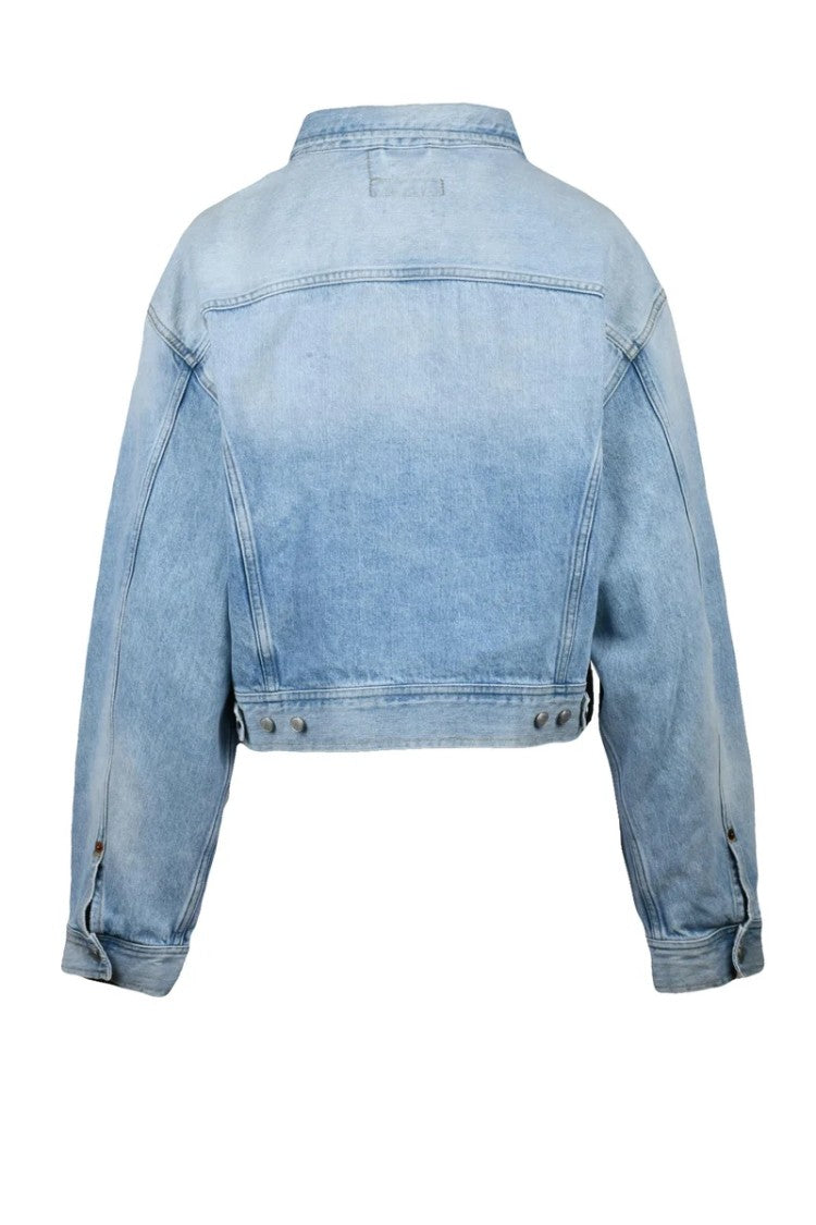 Replay Cropped Light Wash Denim Jacket With Classic Button Closure