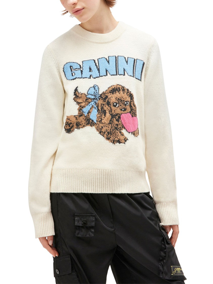 Ganni Crafted Wool Blend Puppy Love Crewneck Sweater