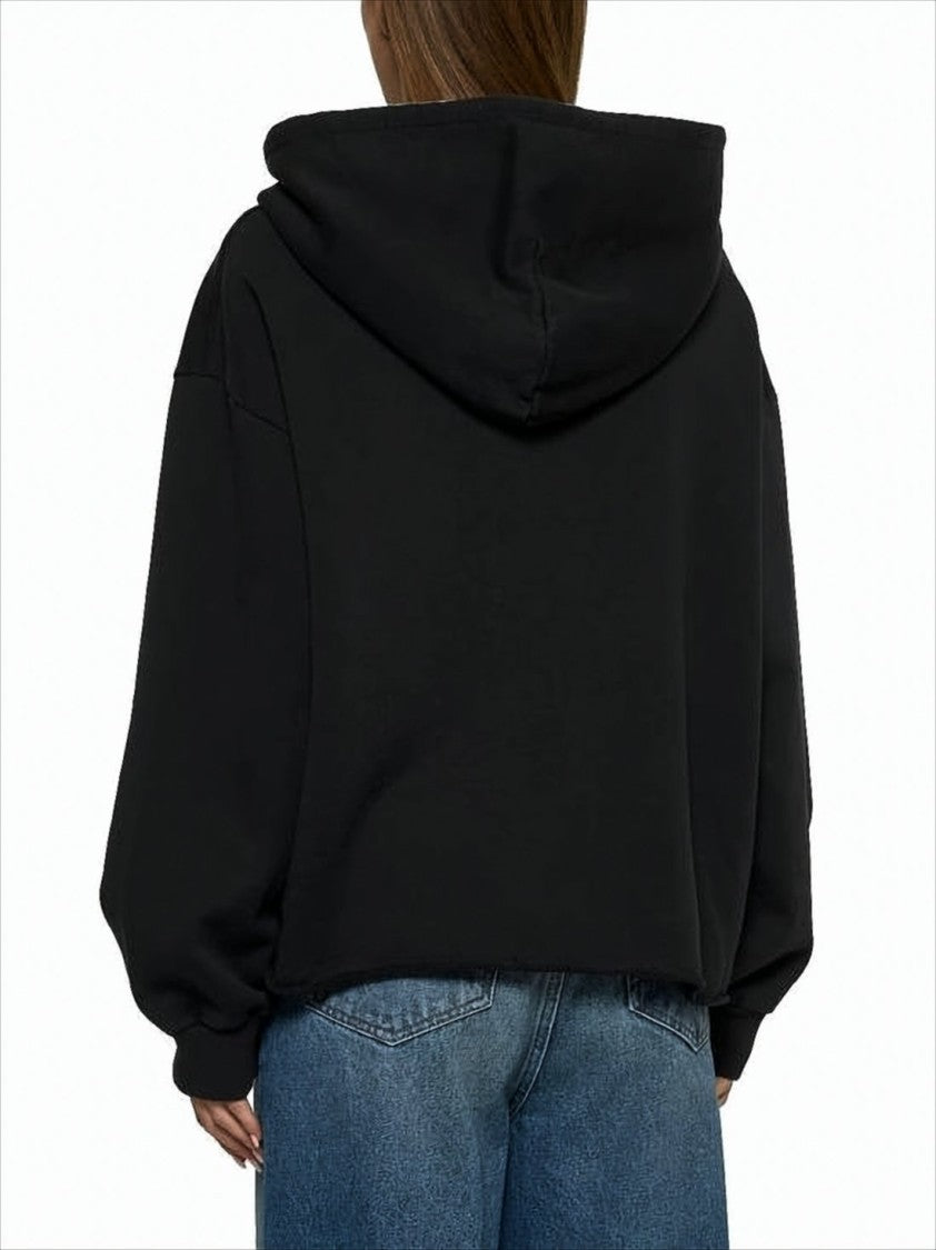 Mm6 By Maison Margiela Cropped Black Cotton Hoodie With Distinctive Logo Patch