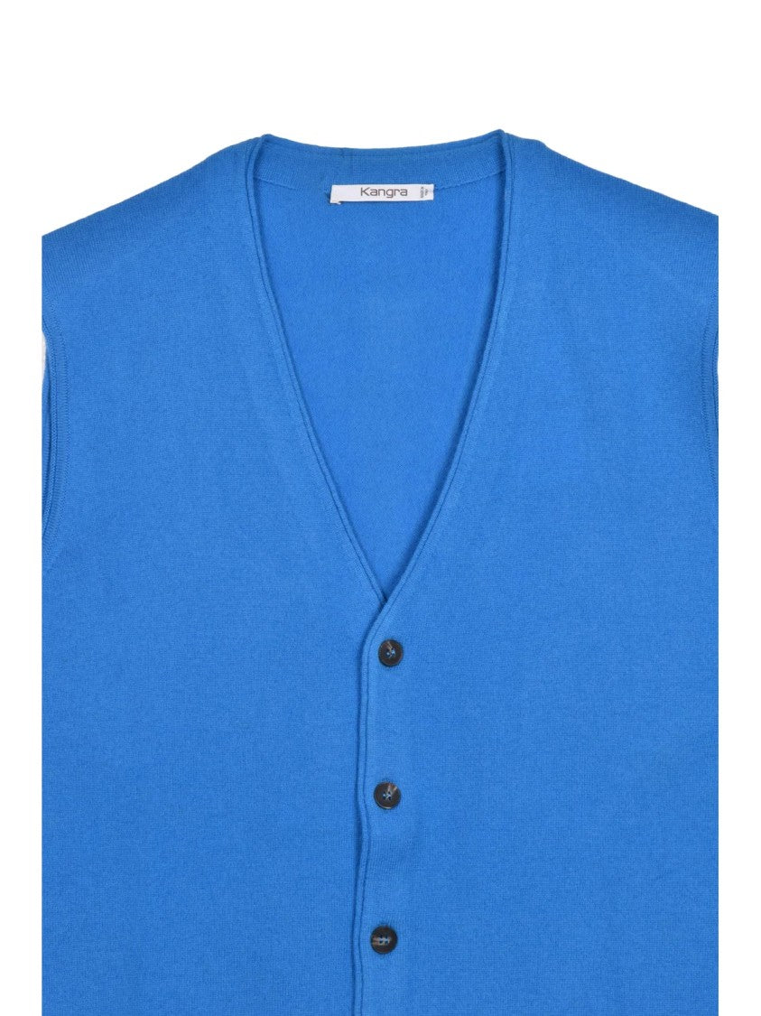 Kangra Light Blue Merino Wool Vest With Ribbed Edges And Button Closure