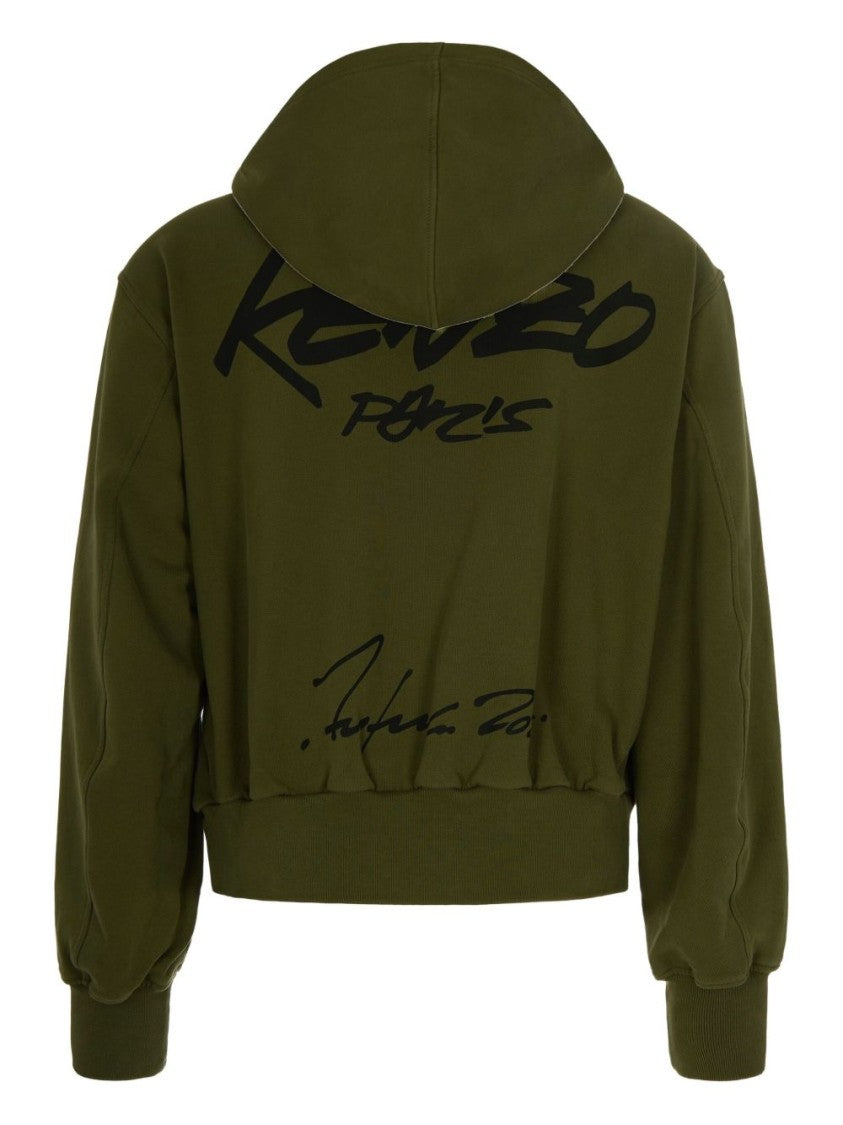 Kenzo Olive Green Full-Zip Hoodie With Floral Print