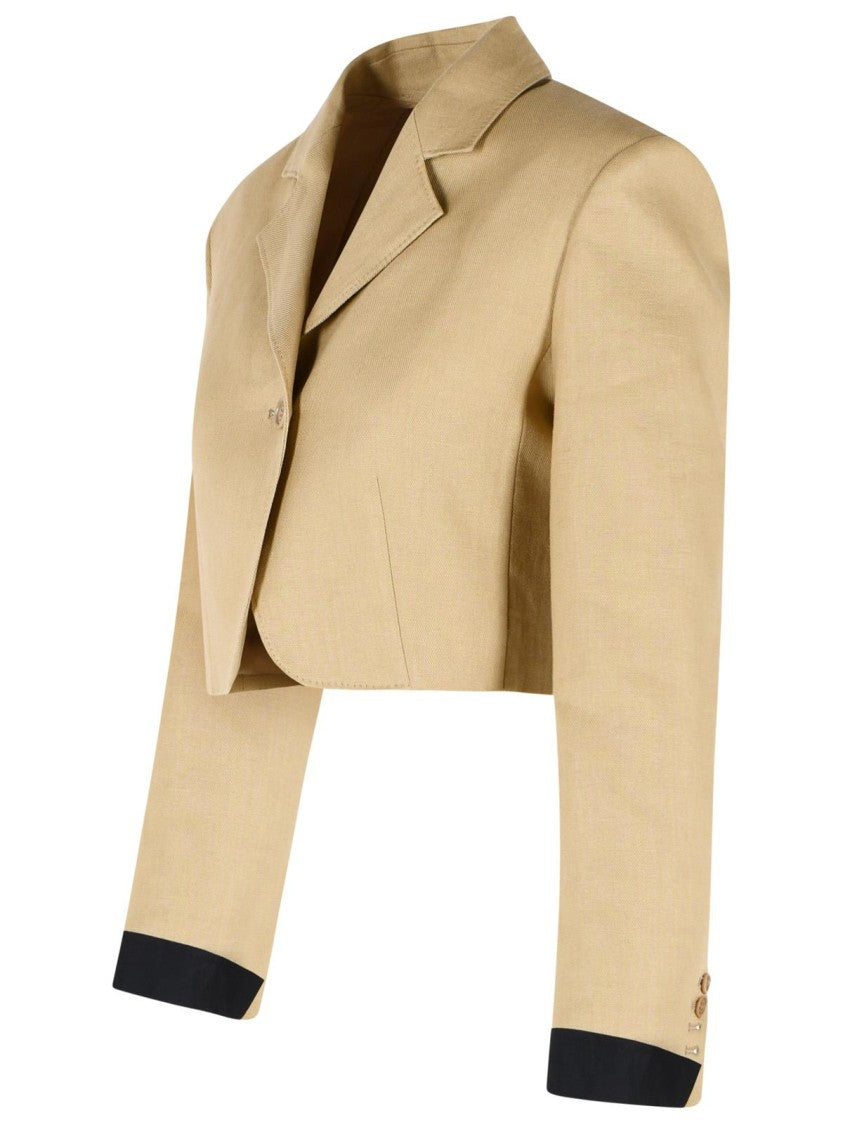 Max Mara 'Buono' Diagonal Cropped Jacket In Camel Linen