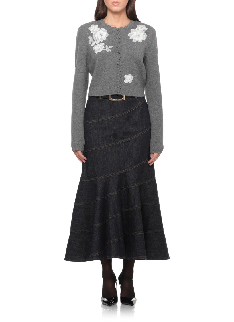 Self-Portrait Cropped Knit Cardigan With Floral Appliqués And Padded Shoulders