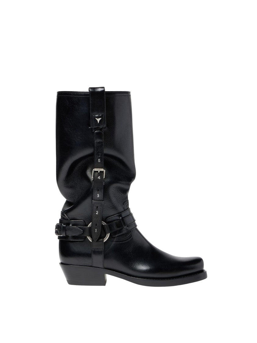 Fendi Black Texan Ruched Shaft Ankle Buckle Calfskin Boots