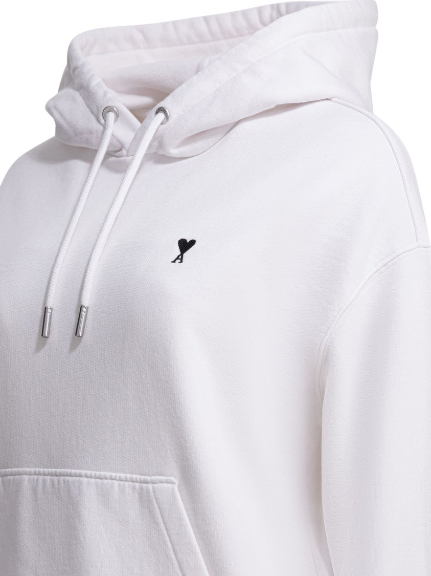 Ami Paris Cropped Cotton Sweatshirt With Adjustable Hood And Heart Logo