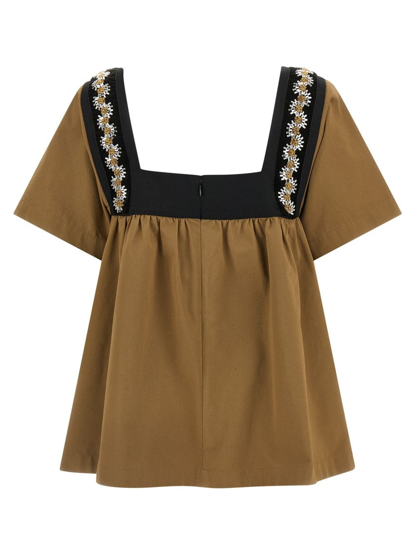 Prada Flared Cotton Gabardine Top With Geometric Neckline And Crystal Embellishments