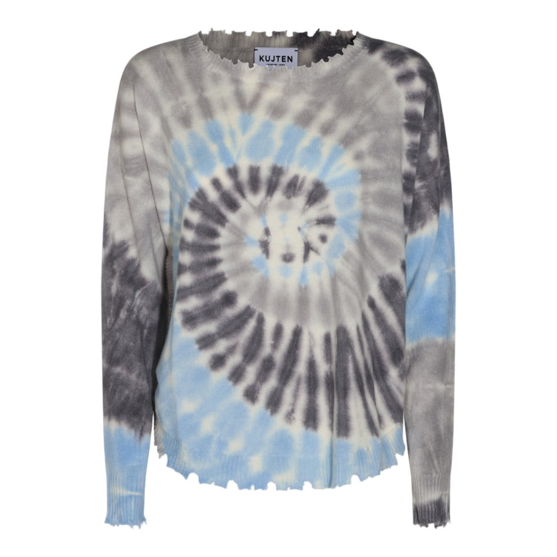 Kujiten Spiral Tie-Dye Distressed Lettuce Edge Knit Sweater