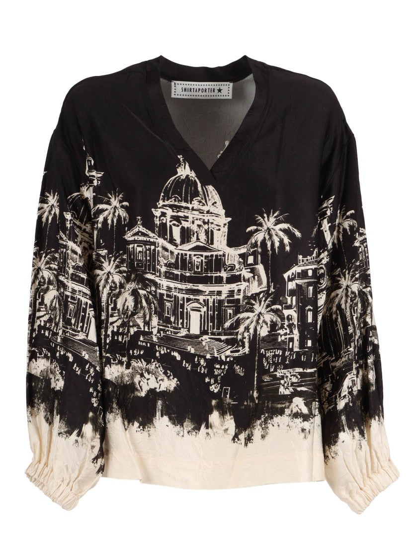 Shirt A Porter Loose-Fitting Blouse With V-Neckline And Cityscape Print