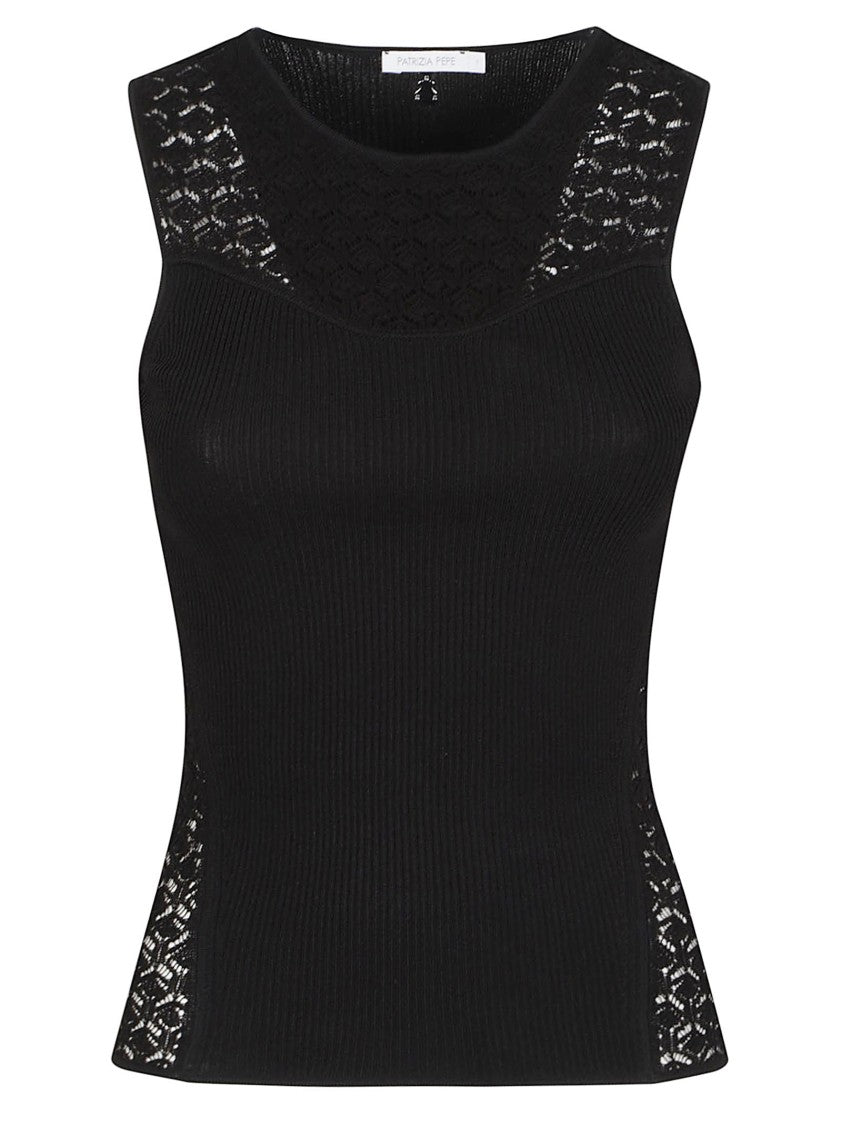 Patrizia Pepe Long Sleeve Round Neck Ribbed Knit Viscose-Blend Knit Top