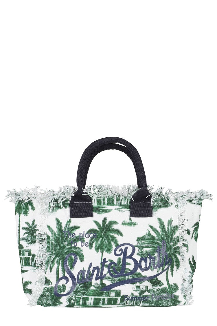 Mc2 Saint Barth Vanity Canvas Bag With Tropical Print And Frayed Edges