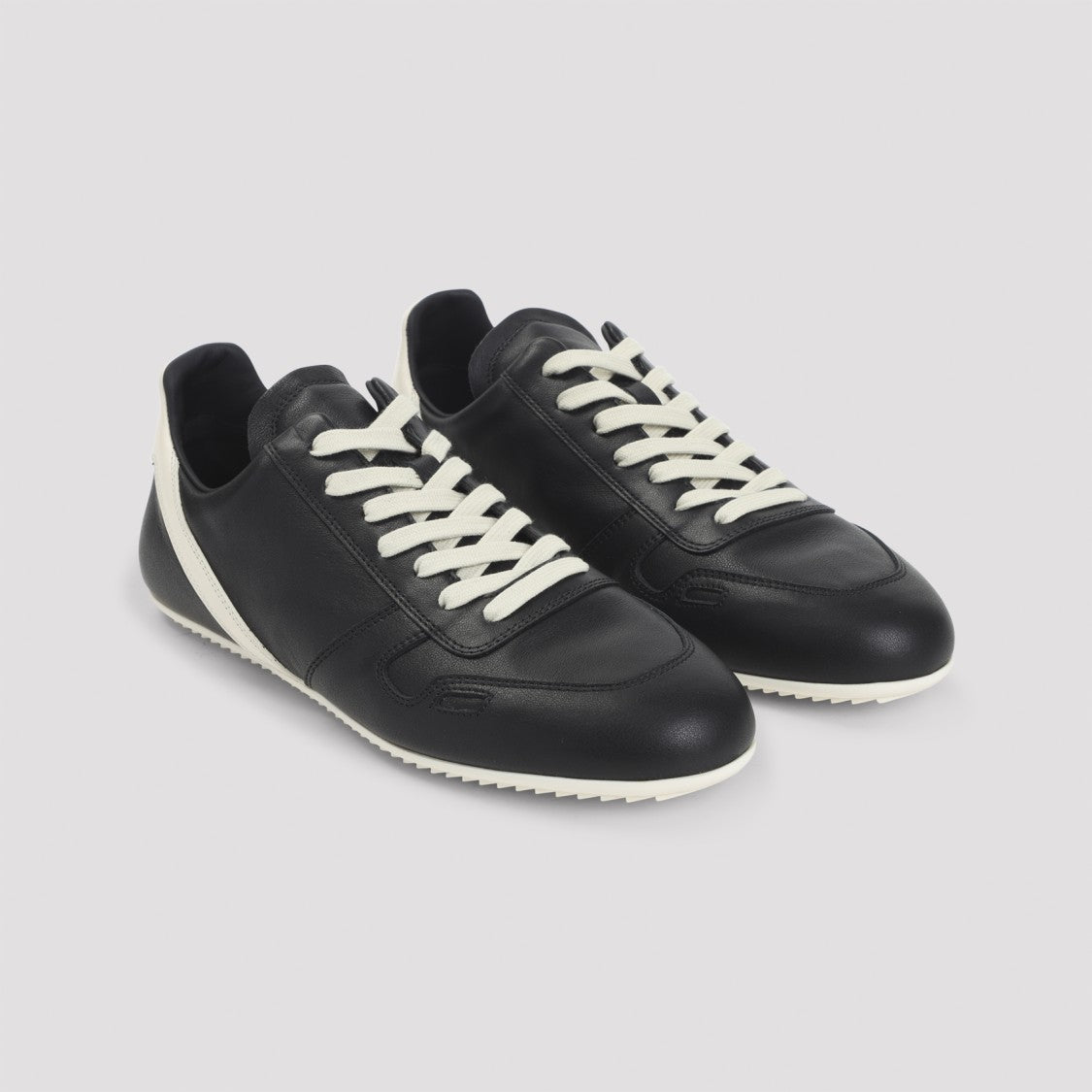 Rick Owens Black Leather Sneakers With Contrasting Lace-Up And Milk White Details