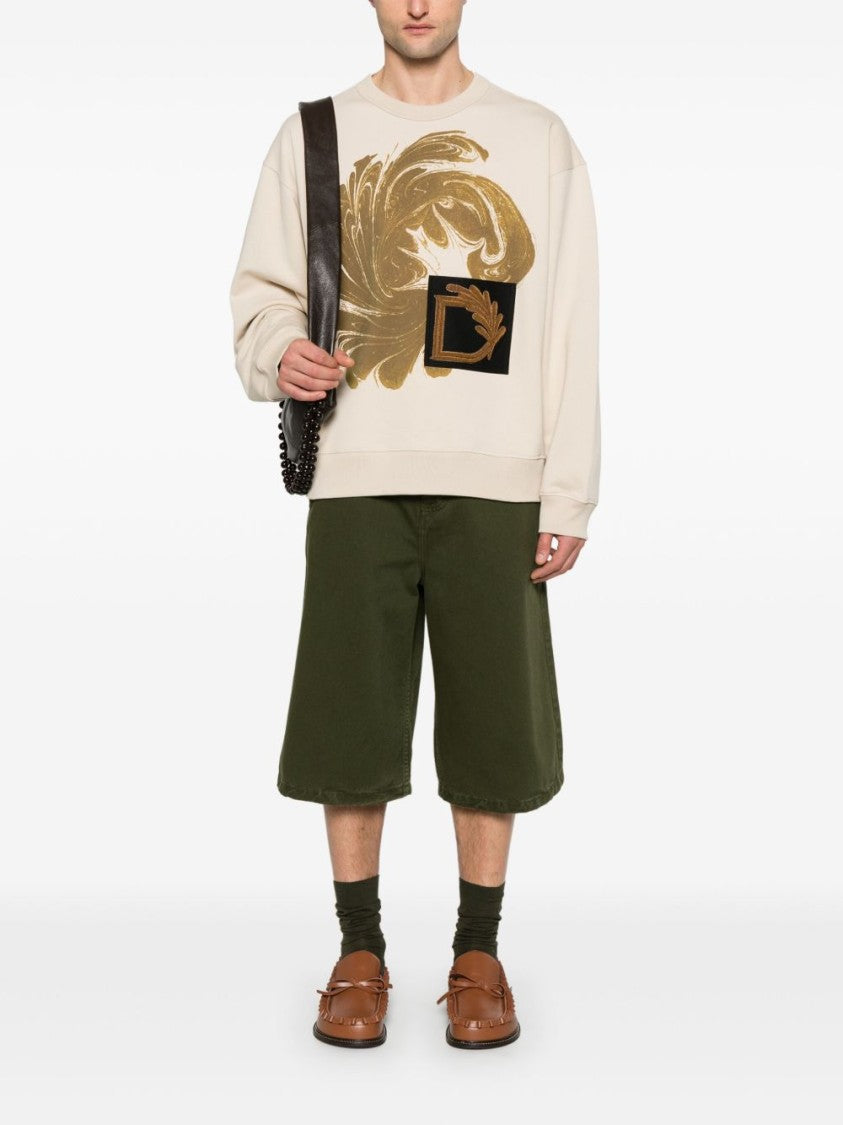 Dries Van Noten Light Beige Crew Neck Gold Graphic Polo