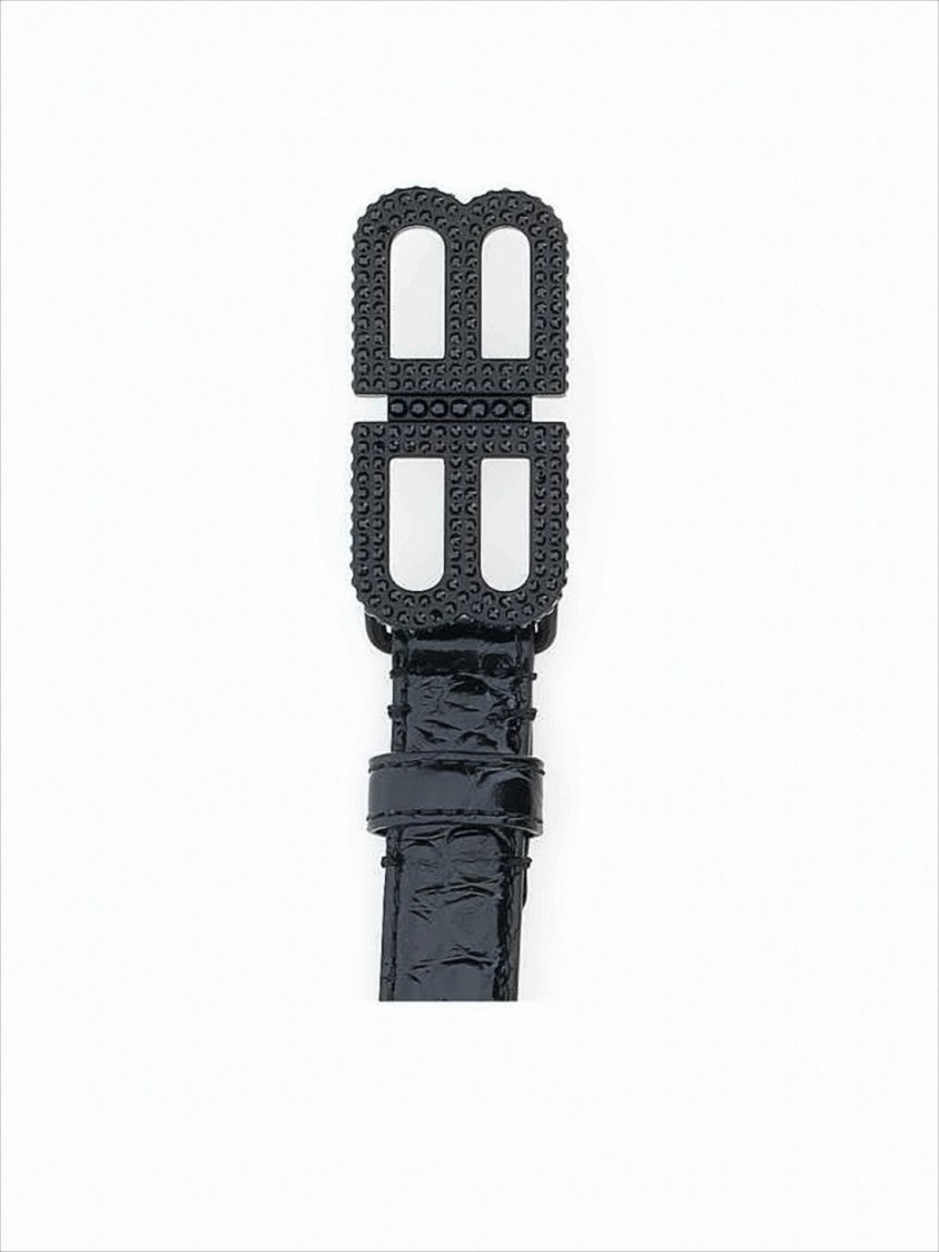 Balenciaga Narrow Calf Leather Belt With Textured Double-B Buckle