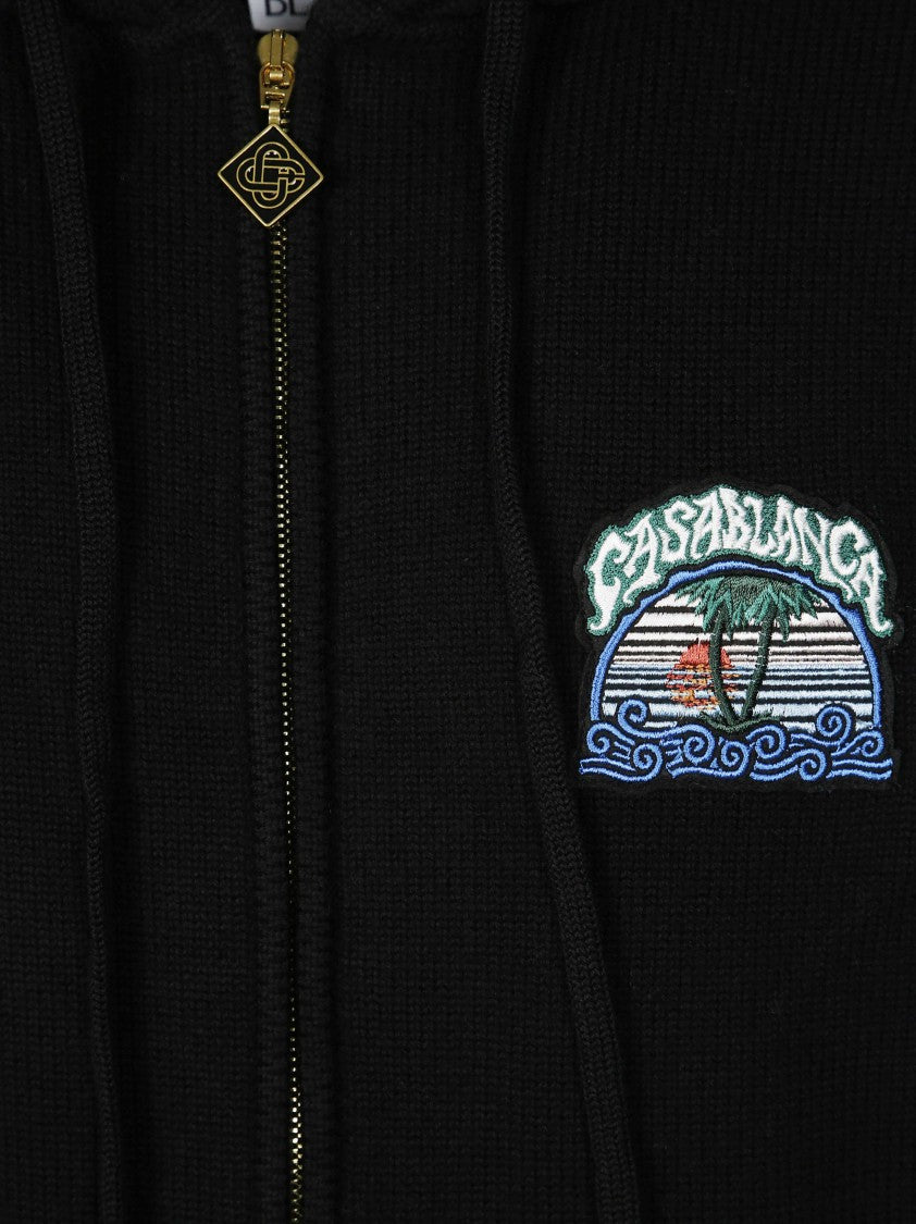 Casablanca Black Wool Zip-Up Hoodie With Embroidered Artwork