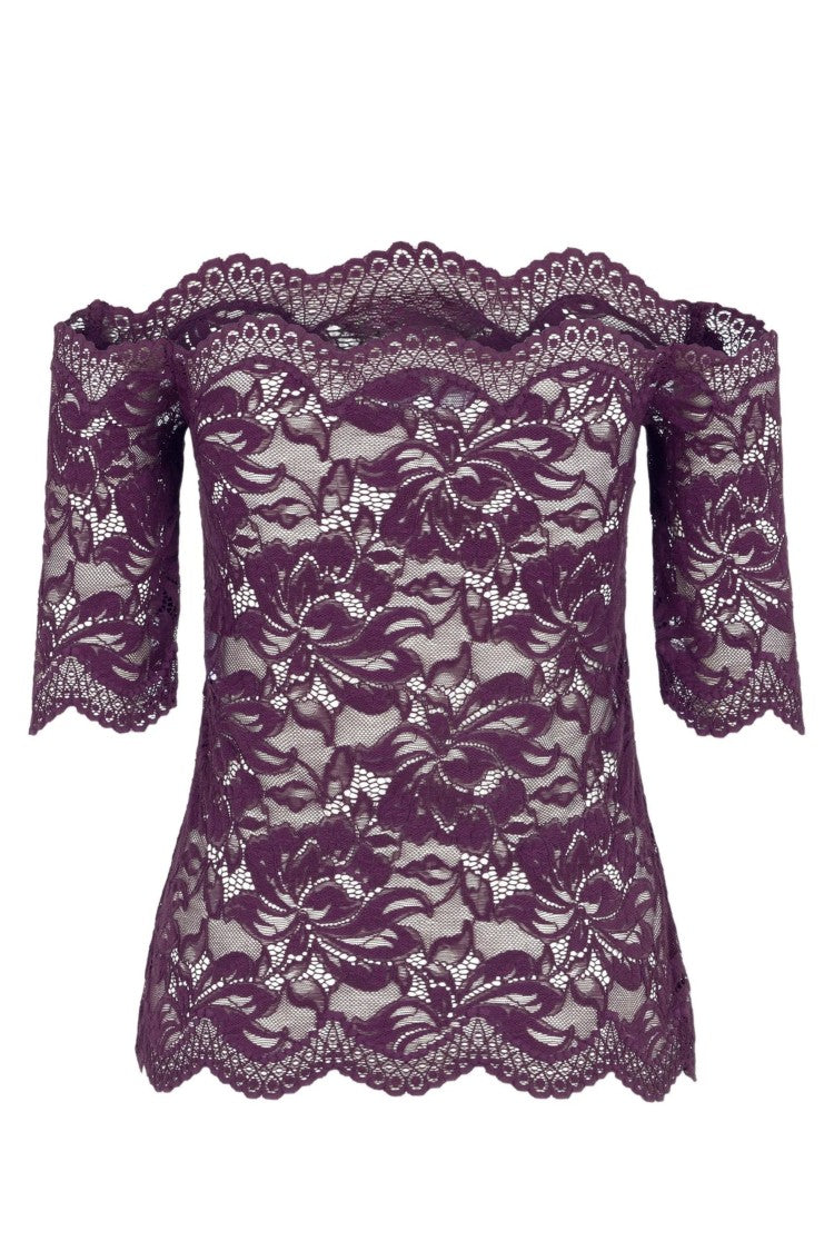 Rabanne Magenta Boat Neck Scalloped Transparent Lace Polyamide Top