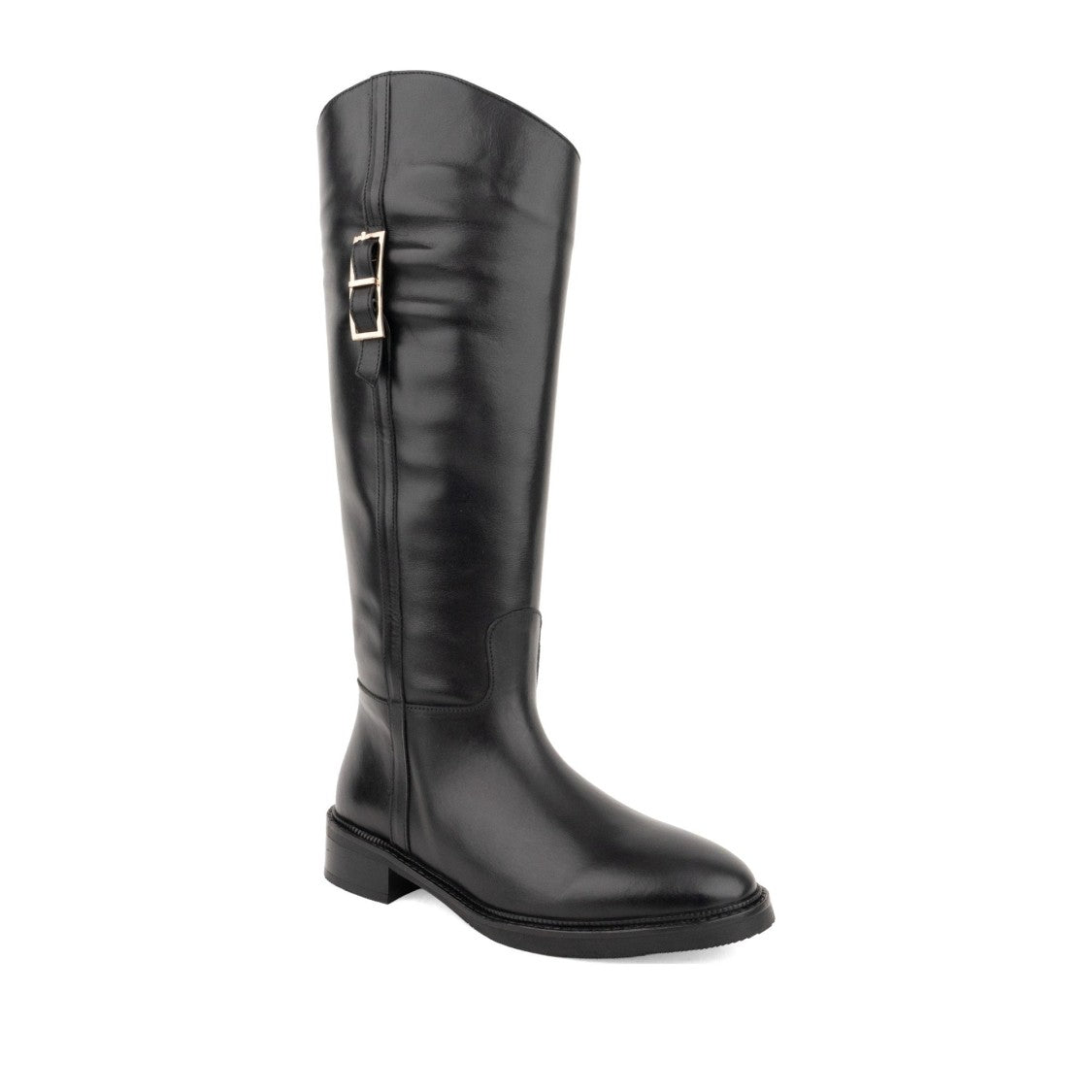 Sergio Moretti Black Decorative Buckle Side Zipper Tall Leather Boots