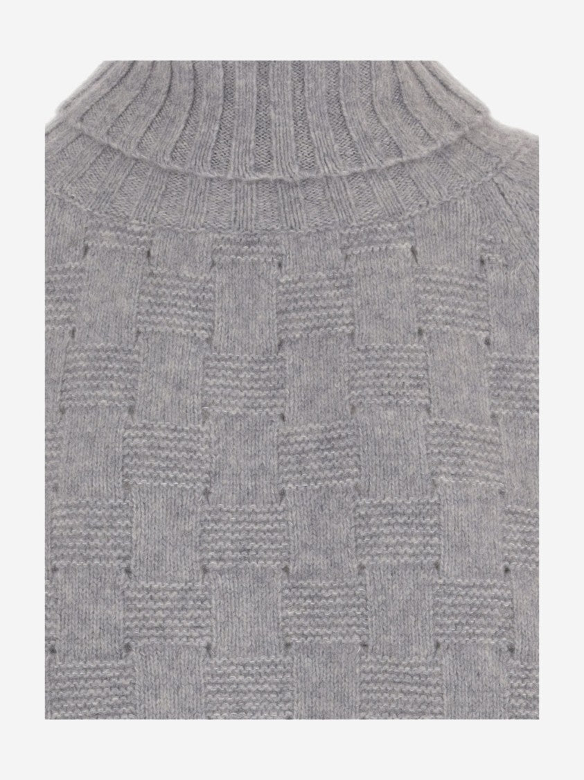 Allude Grey Geometric Pattern Cashmere Silk Turtleneck Sweater