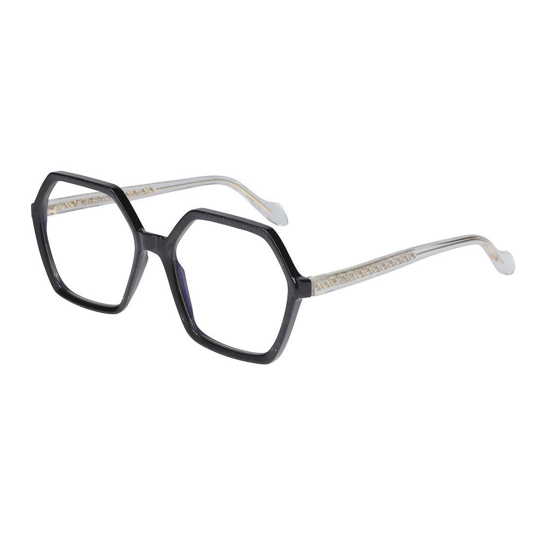 Kador Exagon Glamour Hexagonal Black Eyeglasses With Translucent Textured Arms