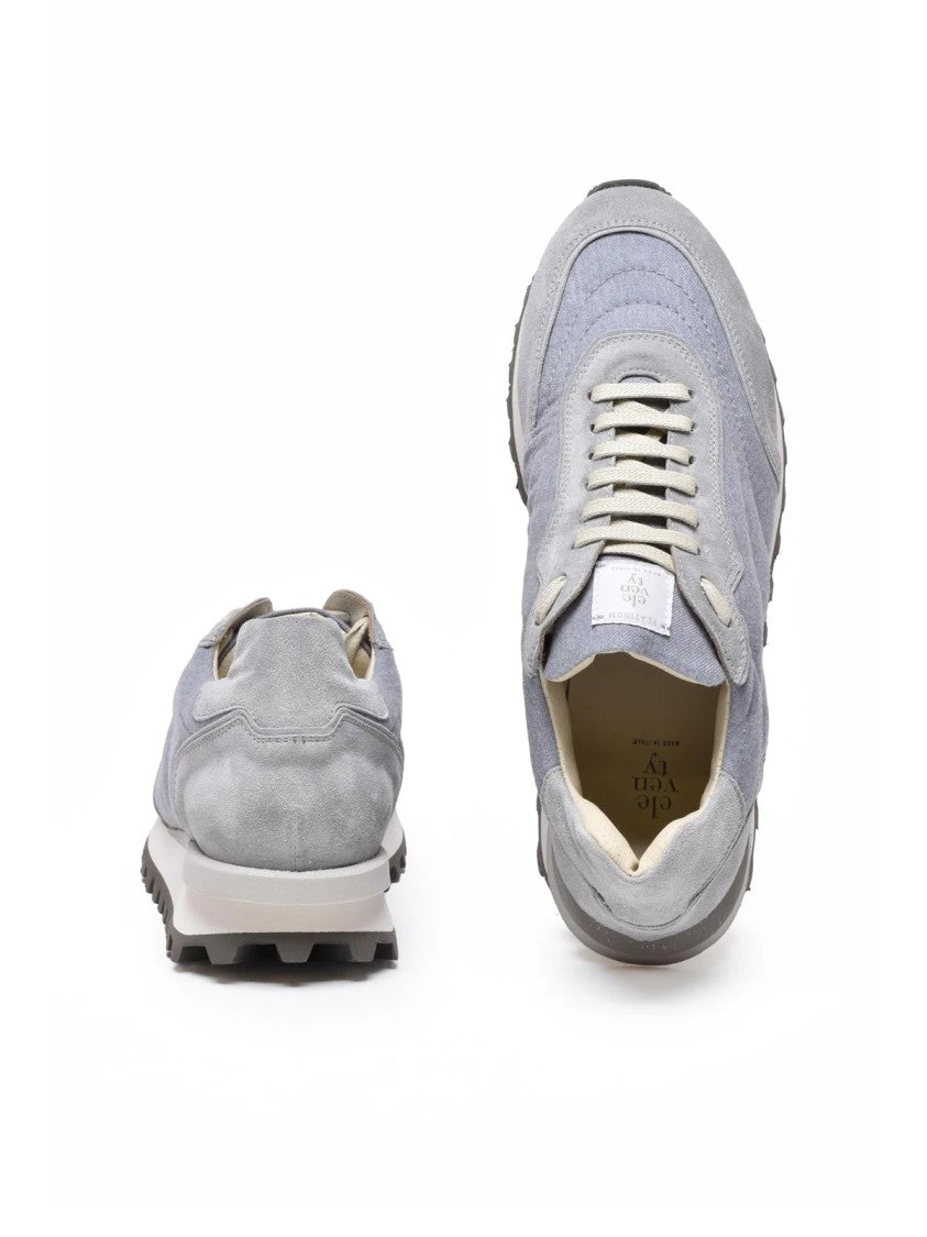 Eleventy Grey Leather Denim Sneakers