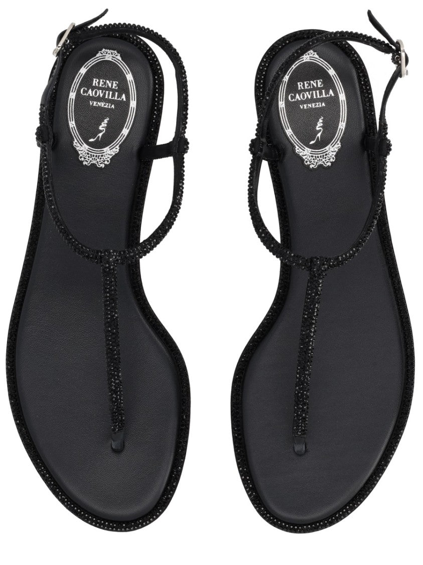René Caovilla Minimalist T-Strap Embellished Sandals