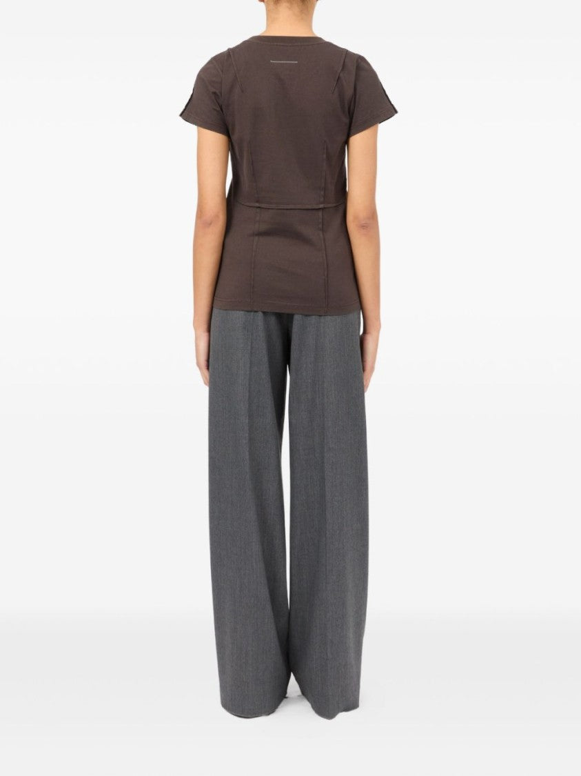 Mm6 By Maison Margiela Structured Brown Cotton T-Shirt With Seam Detailing