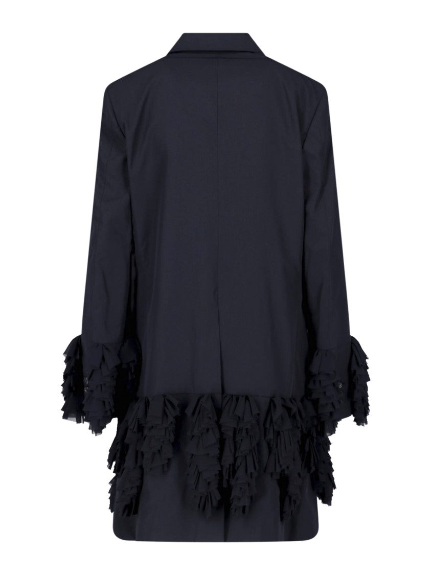 Comme Des Garçons Long Black Blazer With Ruffled Accents And Classic Lapel