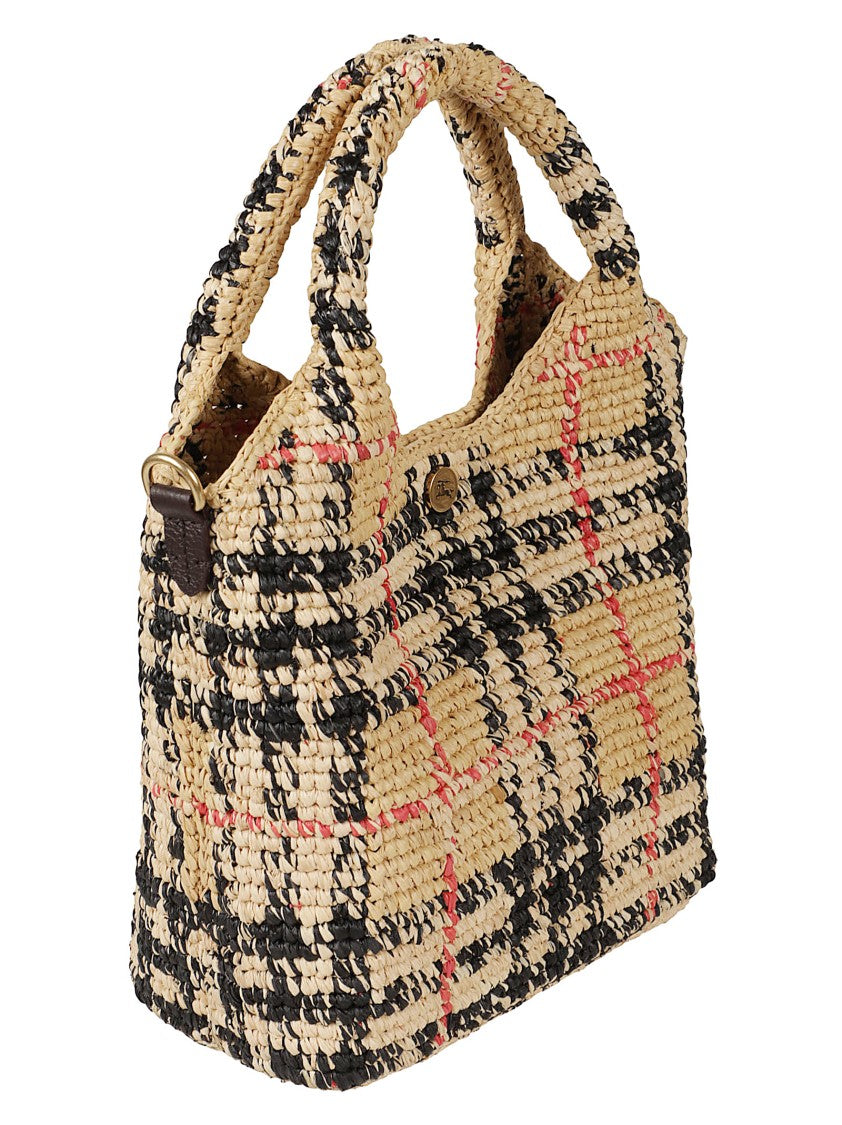 Burberry Woven Raffia Handbag With Classic Plaid Design