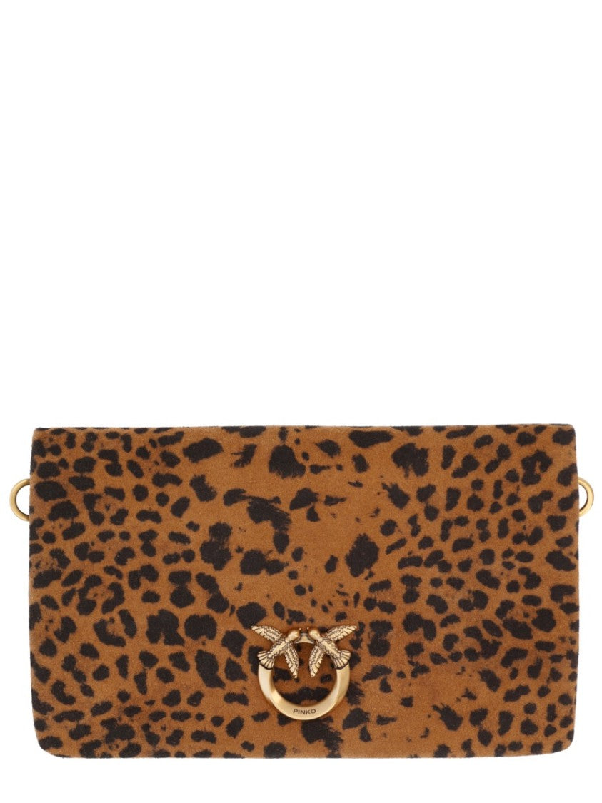 Pinko Leopard Print Gold Emblem Clutch Bag