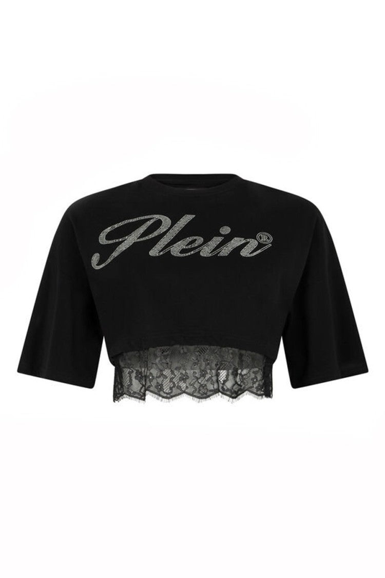 Philipp Plein Black Cotton Lace-Hem Cropped T-Shirt