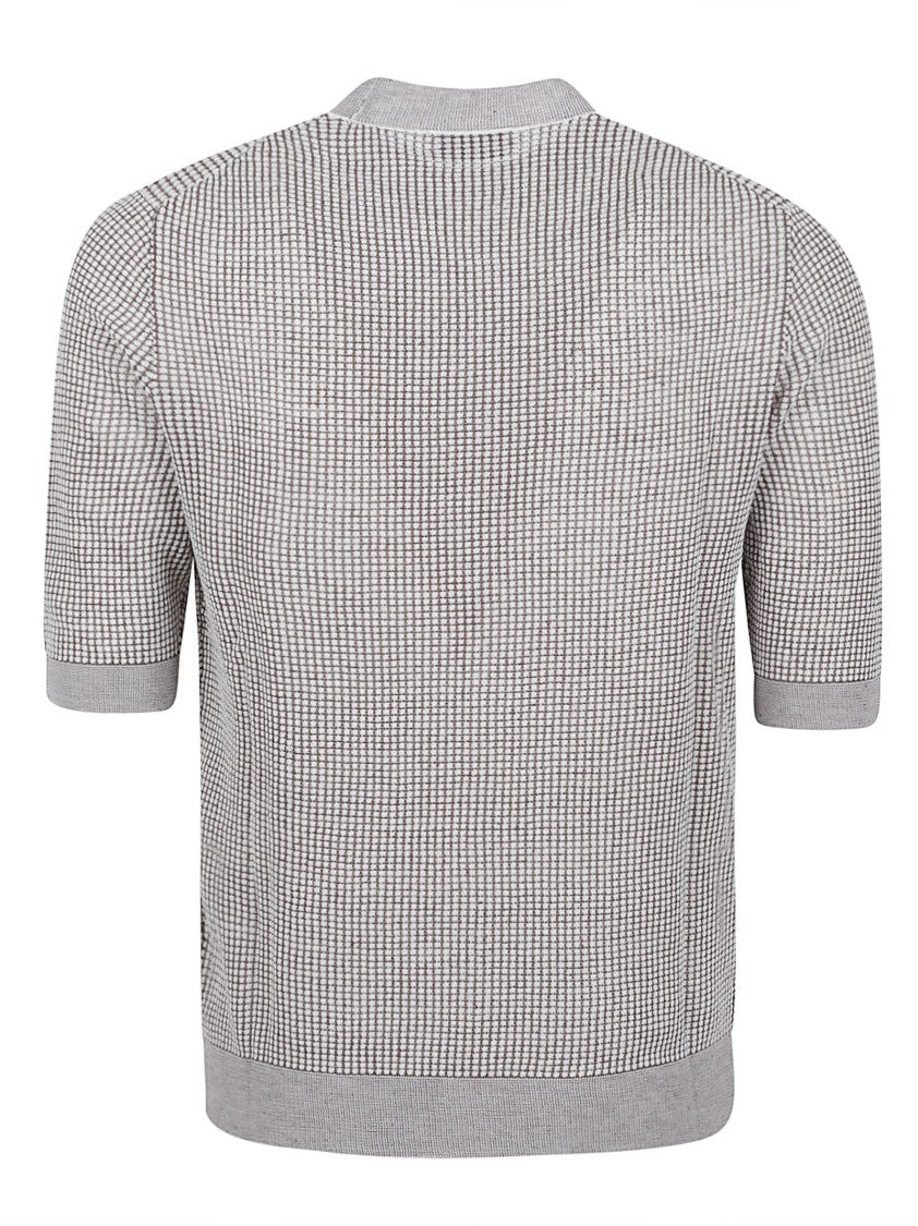 Ballantyne Short-Sleeve Checkered Sweater With Ribbed Detailing