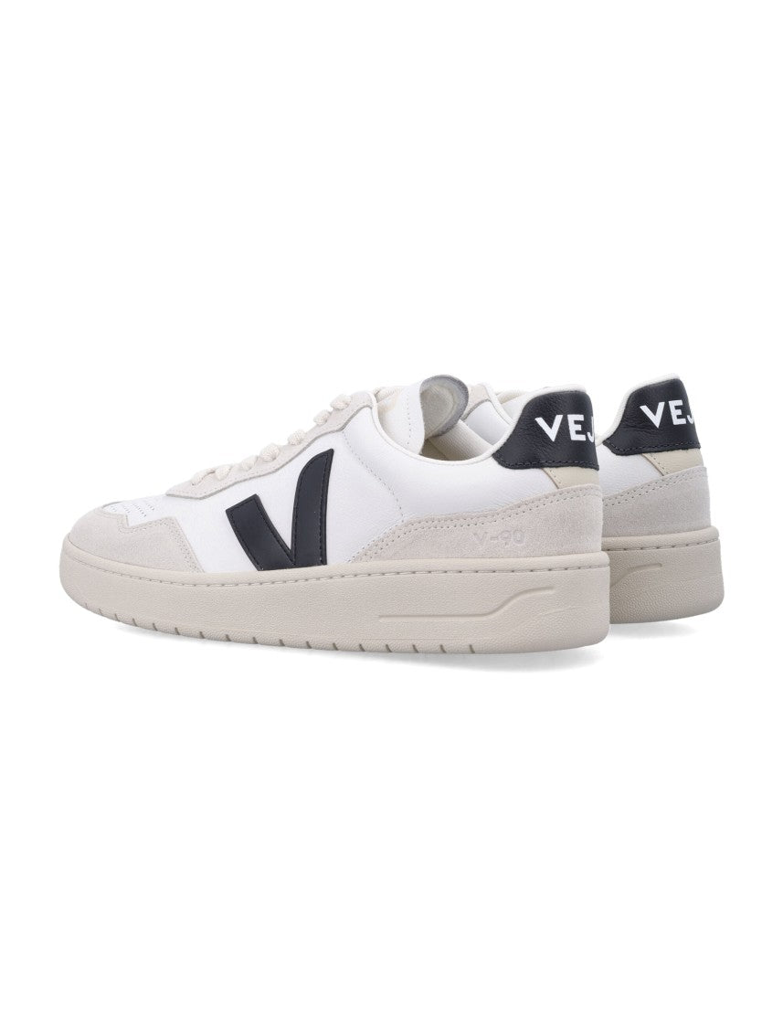 Veja V-90 White And Black Leather Sneakers