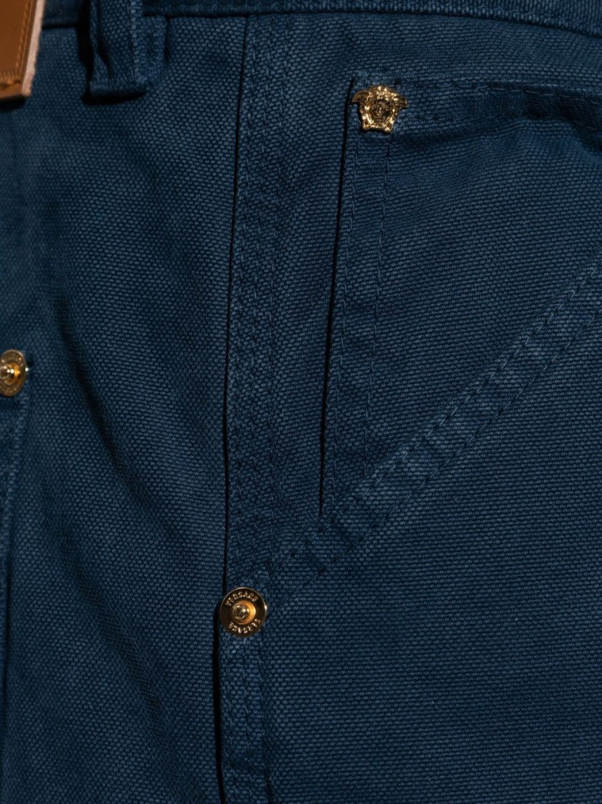 Versace Relaxed Wide-Leg Trousers In Textured Deep Blue Fabric