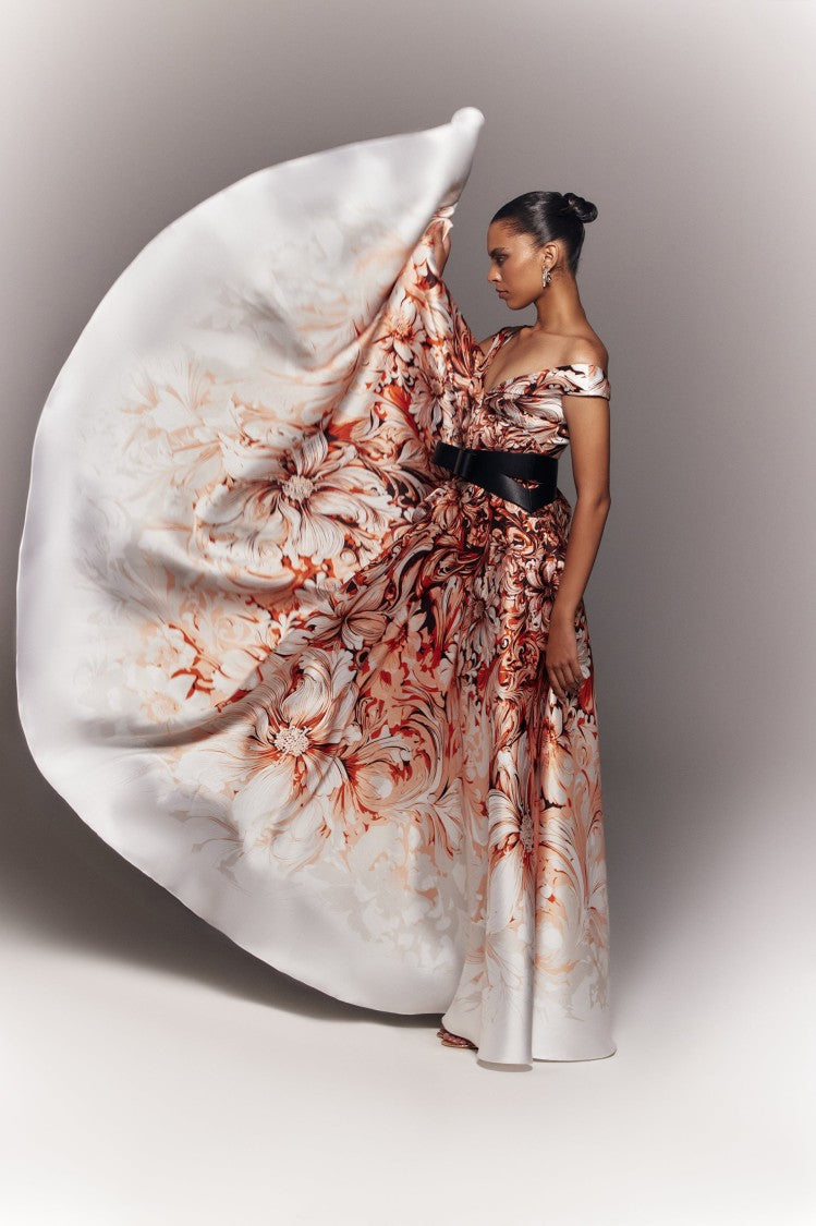 Saiid Kobeisy Mikado Printed Dress With Off-Shoulder Sleeves