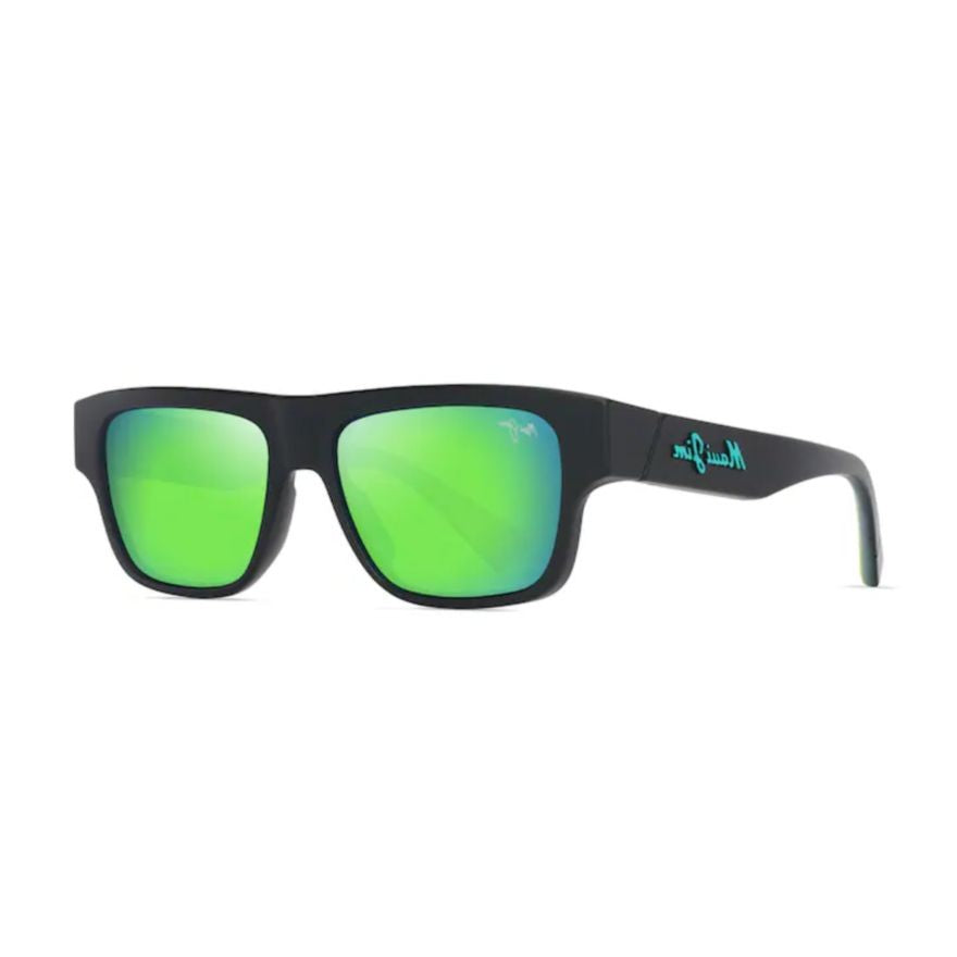 Maui Jim Kokua Bold Rectangular Matte Black Sunglasses With Green Reflective Lenses