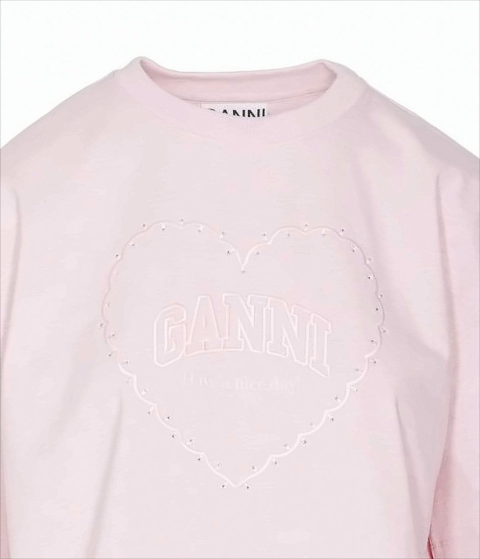 Ganni Soft Pink Relaxed-Fit T-Shirt With Heart-Embossed Detail